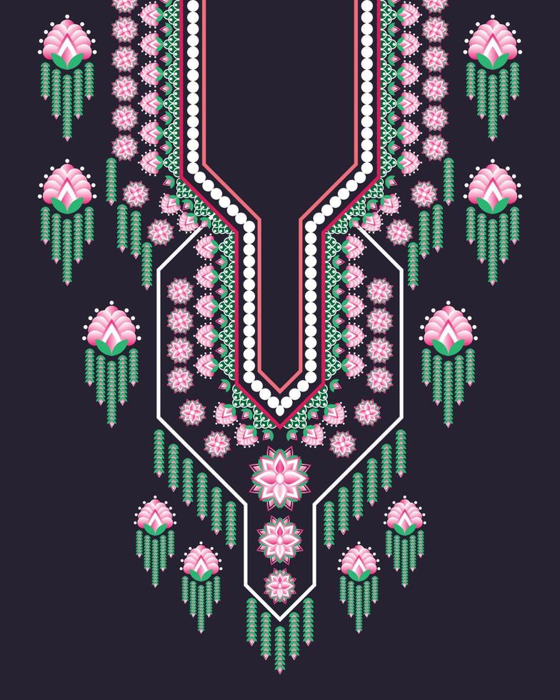 diseño de bordado de collar floral rosa para mujeres de moda. patrón de bordado con hermoso colorido geométrico étnico oriental para escote vector