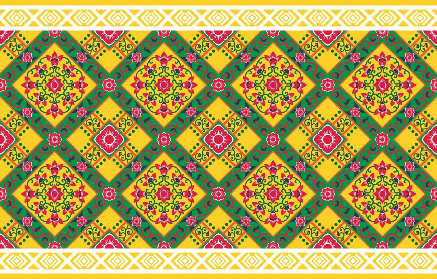 Geometric oriental traditional embroidery style. Ikat tribal floral seamless pattern. Ethnic Aztec fabric carpet mandala ornament native boho chevron textile. Yellow background vector