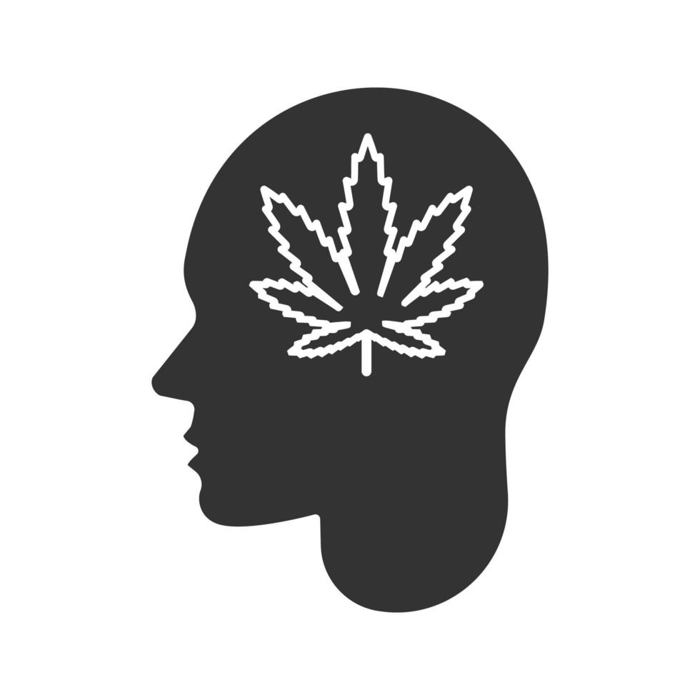 Human head with marijuana leaf glyph icon. Drug addiction. Silhouette symbol. Bad habit. Negative space. Vector isolated illustration
