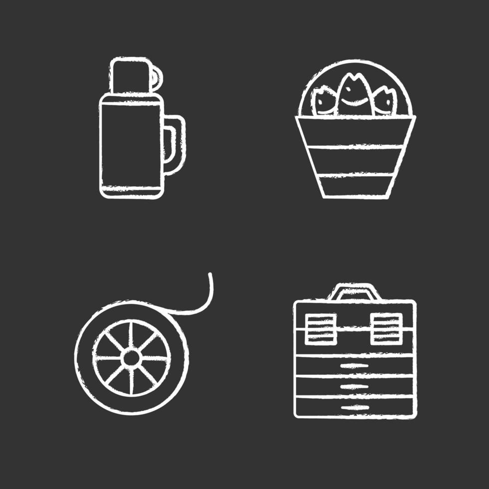 Fishing chalk icons set. Bucket with catch, thermos, fishing line spool, tackle box. Isolated vector chalkboard illustrations