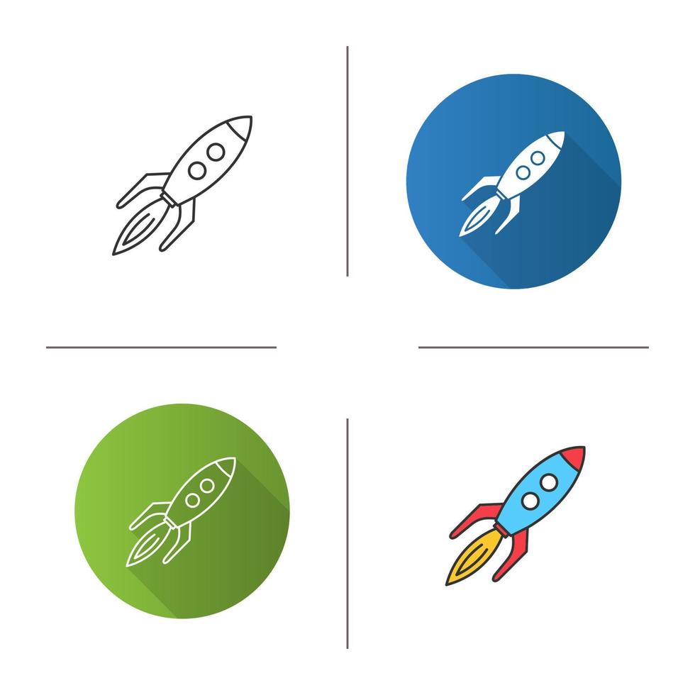 Toy rocket icon. Flat design, linear and color styles. Spaceship. Isolated vector illustrations
