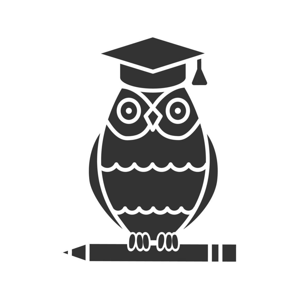 Owl in graduation cap on pencil glyph icon. Education. Silhouette symbol. Emblem of wisdom and knowledge. Negative space. Vector isolated illustration