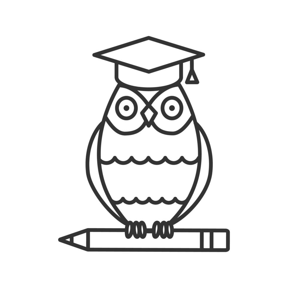 Owl in graduation cap on pencil linear icon. Education. Thin line illustration. School. Emblem of wisdom and knowledge. Contour symbol. Vector isolated outline drawing