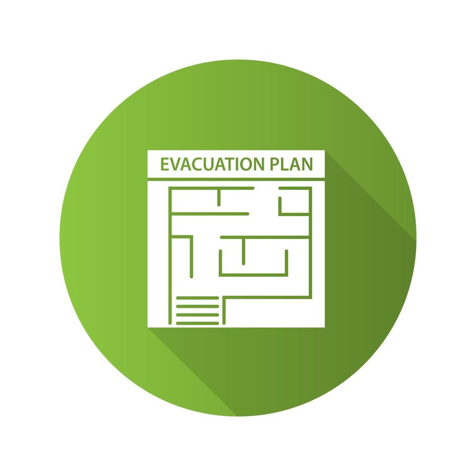 Evacuation plan flat design long shadow glyph icon. Fire escape plan. Vector silhouette illustration