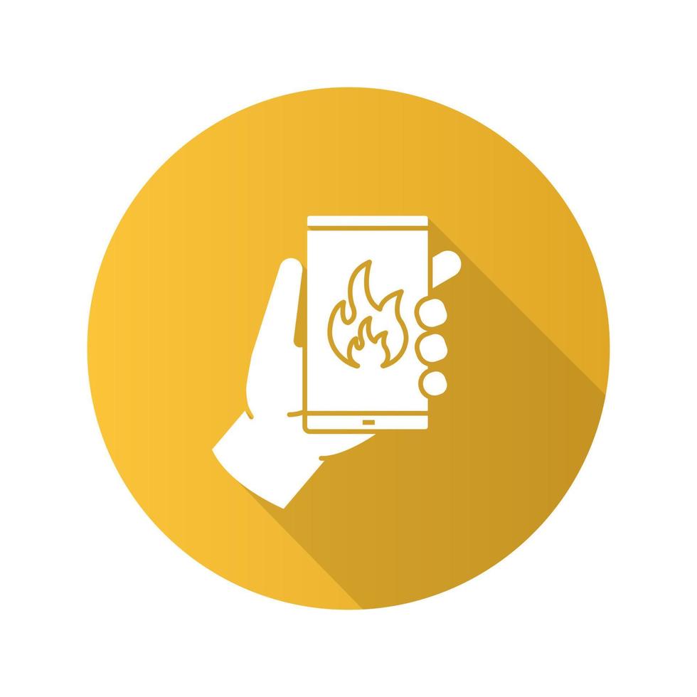 Fire emergency calling flat design long shadow glyph icon. Hand holding smartphone with flame. Vector silhouette illustration