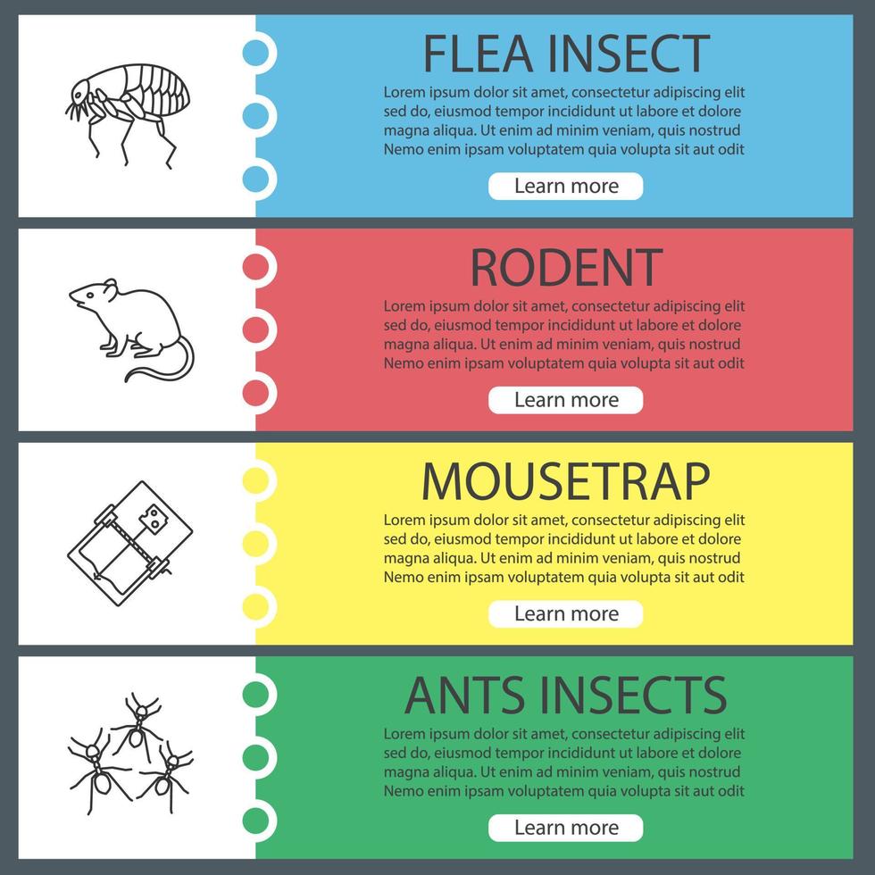 conjunto de plantillas de banner web de control de plagas. pulga, roedor, ratonera, hormigas. elementos del menú de color del sitio web. conceptos de diseño de encabezados vectoriales vector