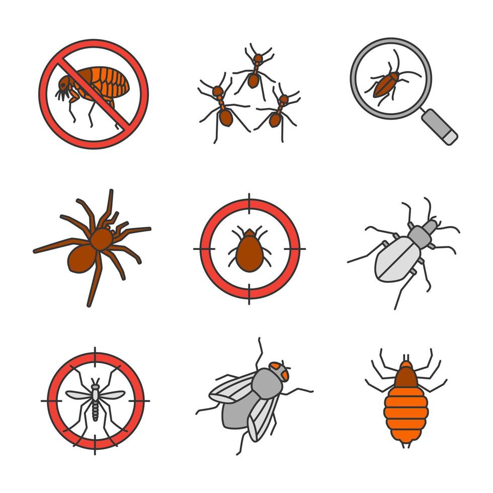 Pest control color icons set. Stop fleas, ants, cockroach searching, spider, mite target, mosquito bait, ground beetle, housefly, bed bug. Isolated vector illustrations