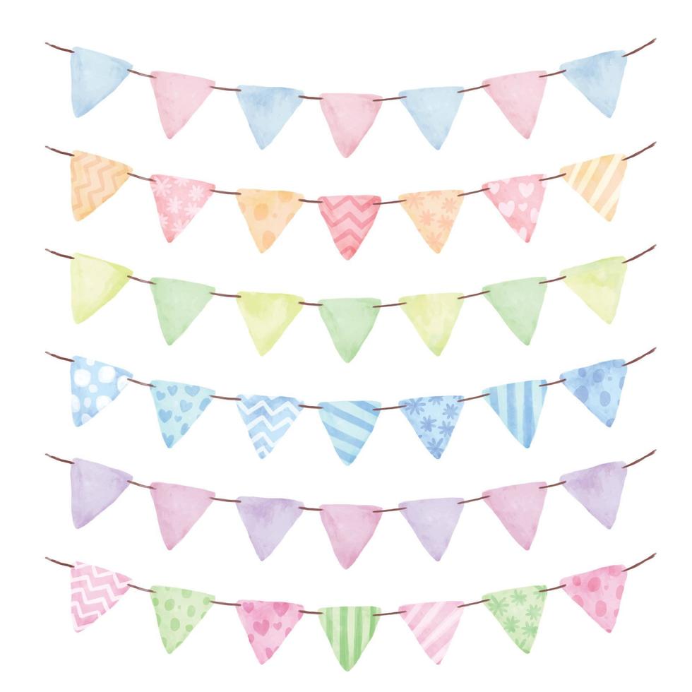 Watercolor colorful bunting flags clipart collection for decoration vector