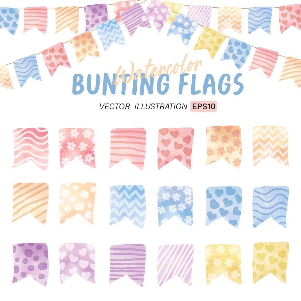 Watercolor colorful bunting flags clipart collection for decoration vector