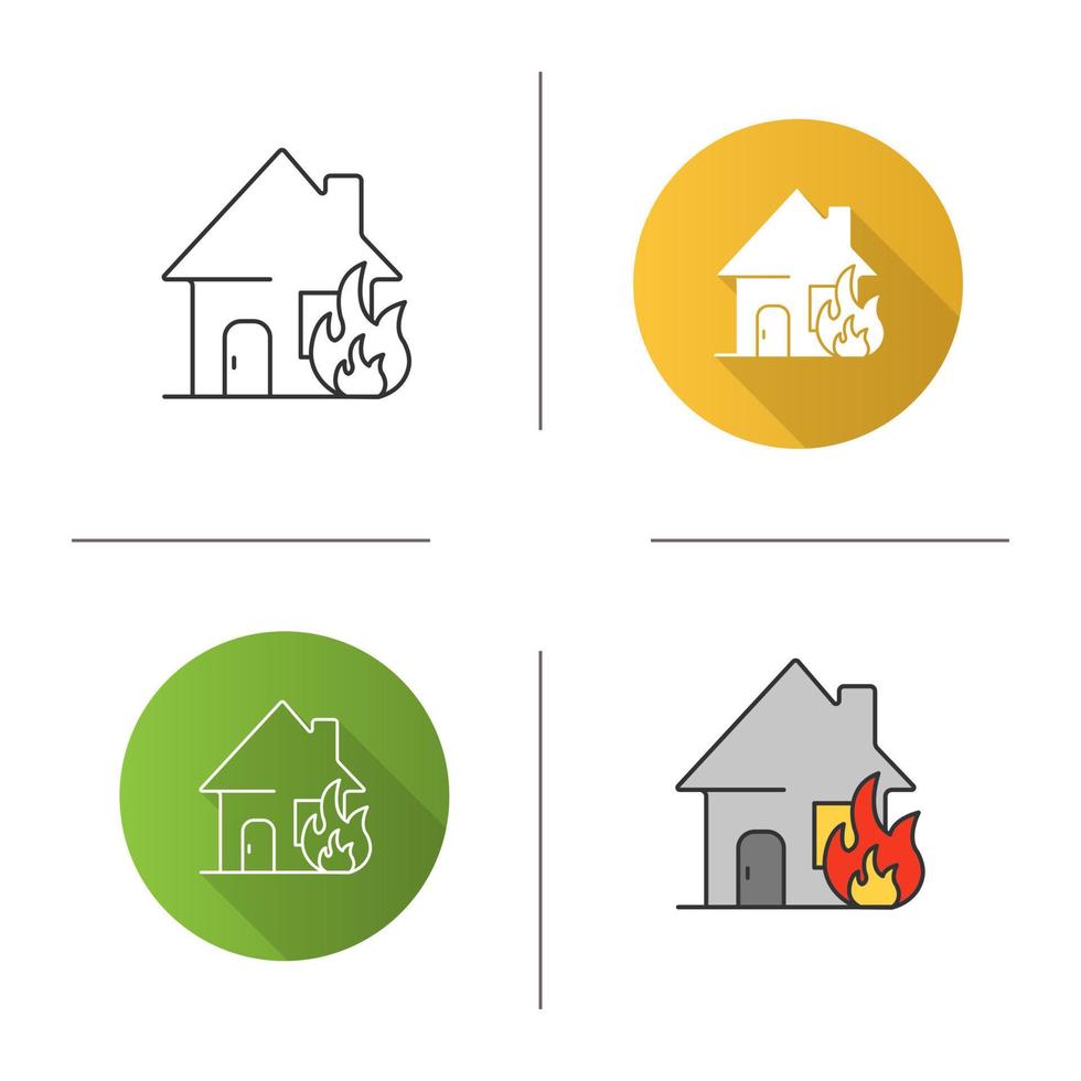 Burning house icon. Flat design, linear and color styles. House on fire. Isolated vector illustrations