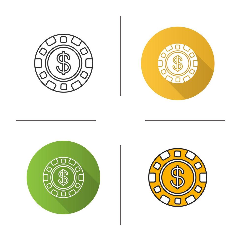 Casino chip linear iconicon. Flat design, linear and color styles. Gambling token with dollar sign. Isolated vector illustrations