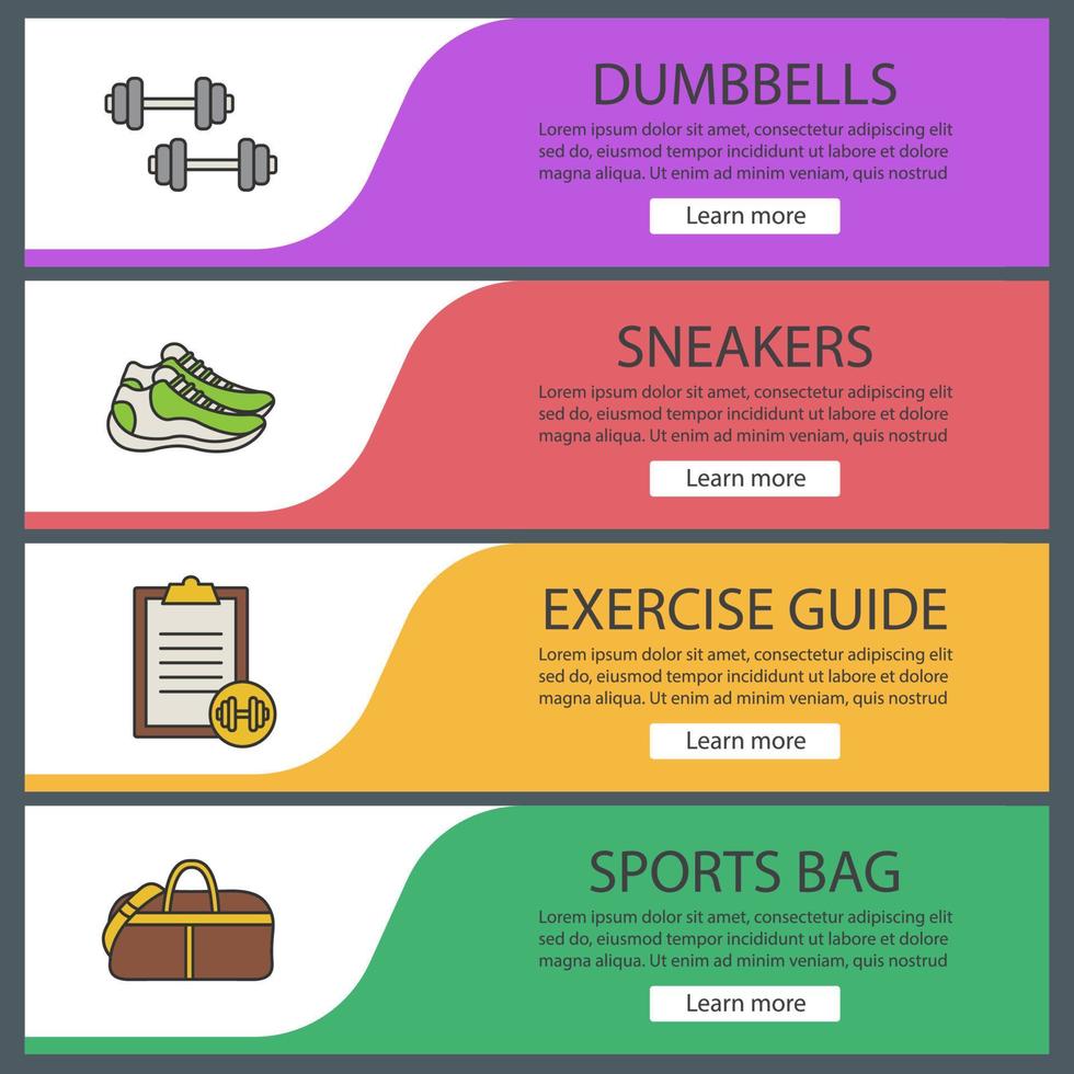 Fitness web banner templates set. Sport equipment. Dumbbells, sneakers, exercise guide, duffle handbag. Website color menu items. Vector headers design concepts