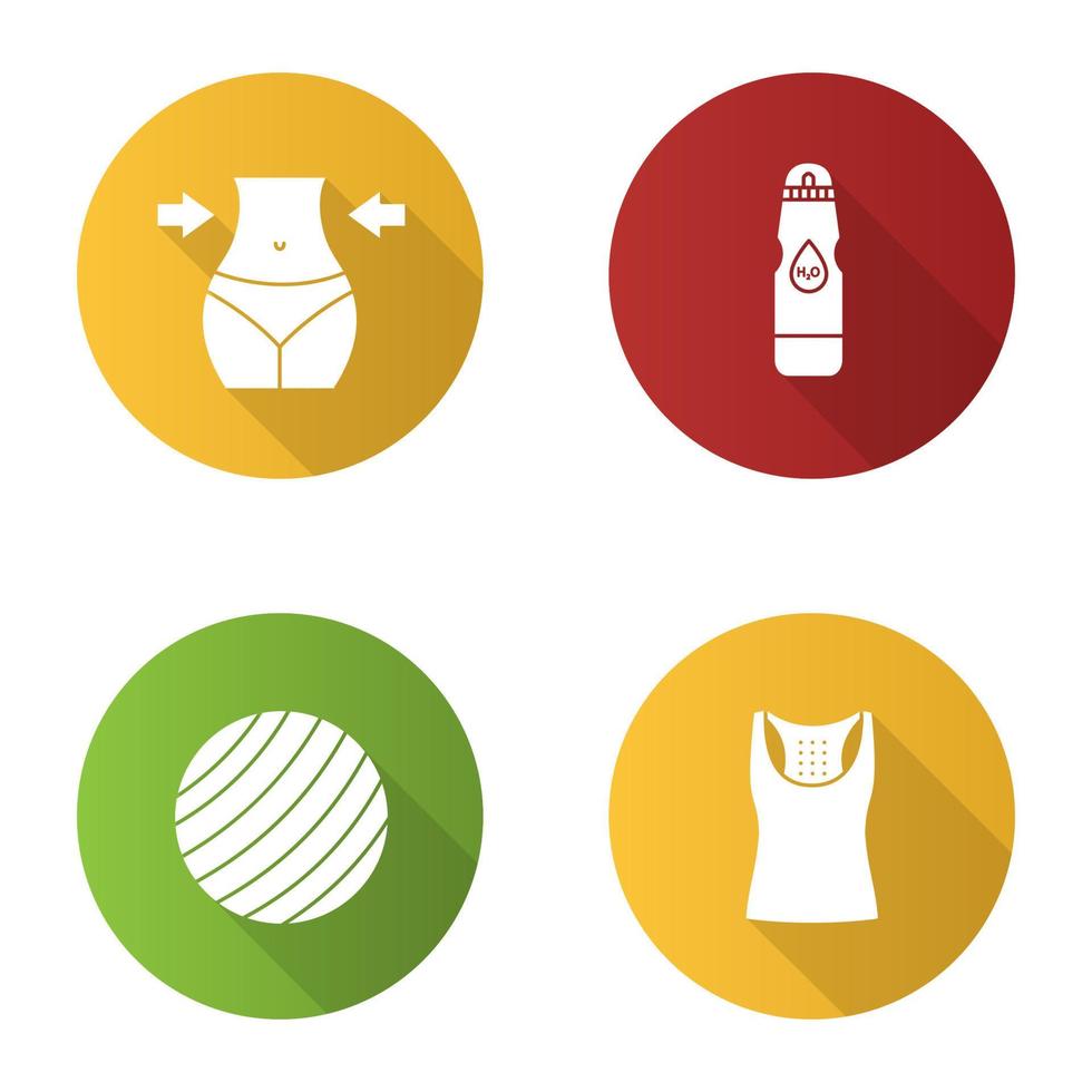 conjunto de iconos de glifo de sombra larga de diseño plano de fitness. equipo de deporte. pérdida de peso, botella de agua deportiva, fitball, camiseta sin mangas. ilustración de silueta vectorial vector