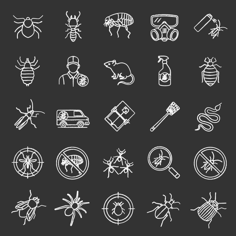 conjunto de iconos de tiza de control de plagas. exterminio. animales e insectos dañinos. Ilustraciones de vector pizarra