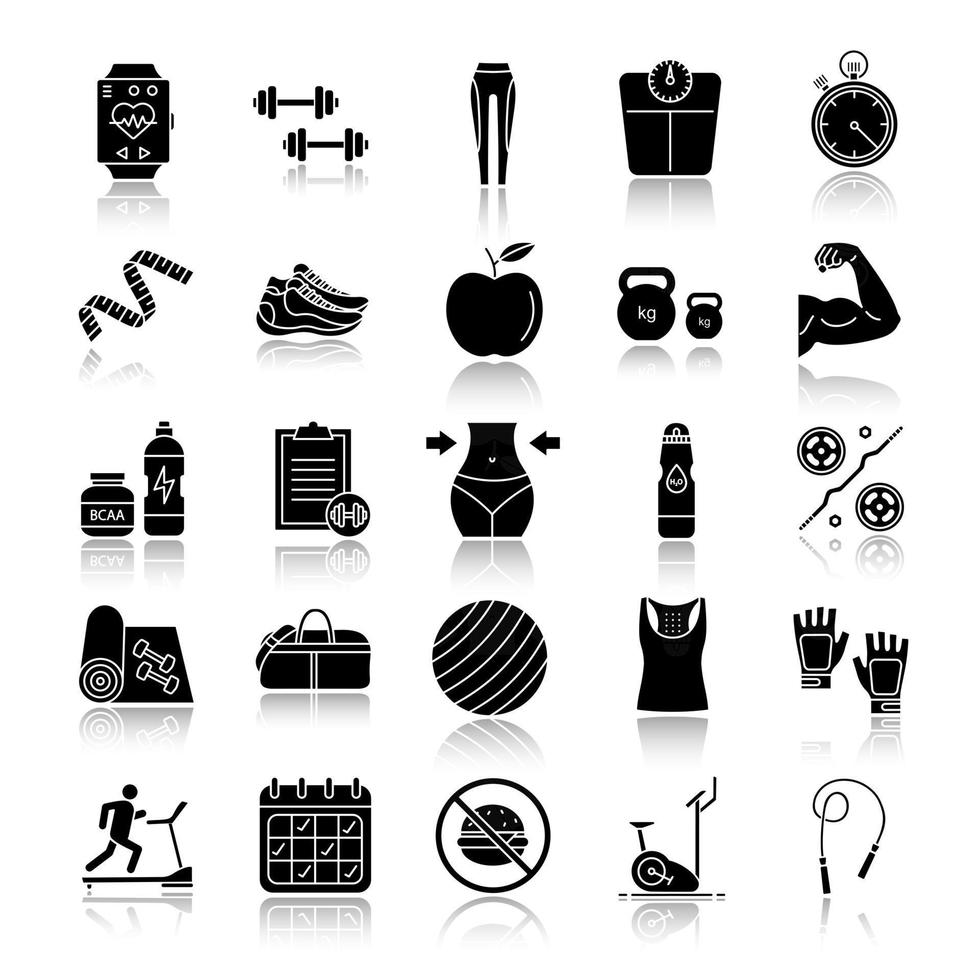 Fitness drop shadow black glyph icons set. Sports equipment. Exercise machines, barbells, dumbbells, clothes. Isolated vector illustrations