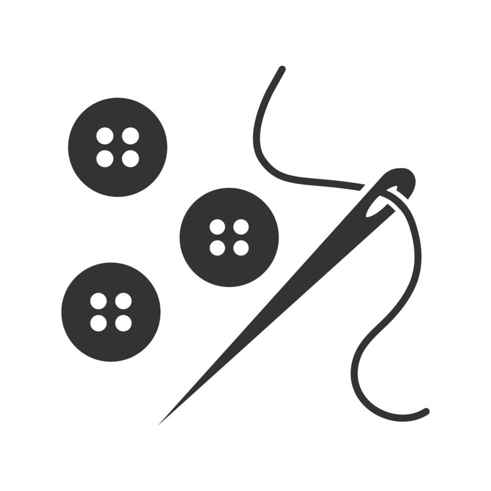 Sewing buttons and needle with thread glyph icon. Silhouette symbol. Tailoring. Negative space. Vector isolated illustration