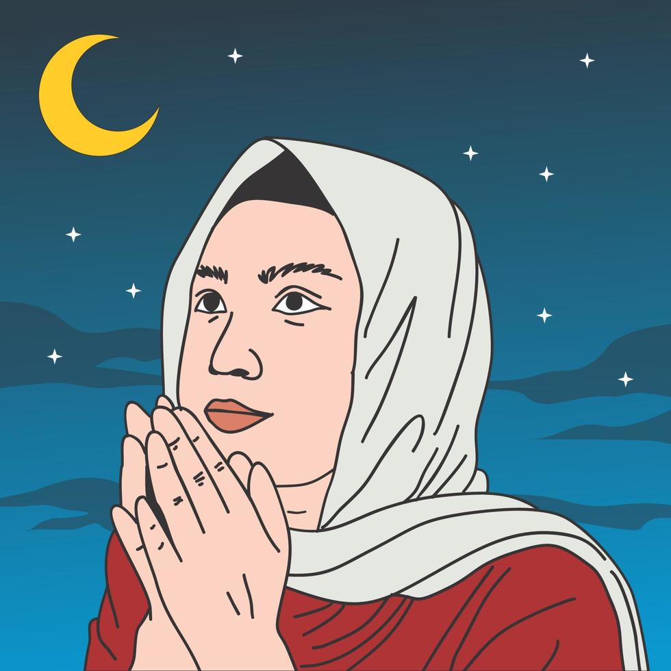 a muslim woman is praying at night filled with moon and stars vector