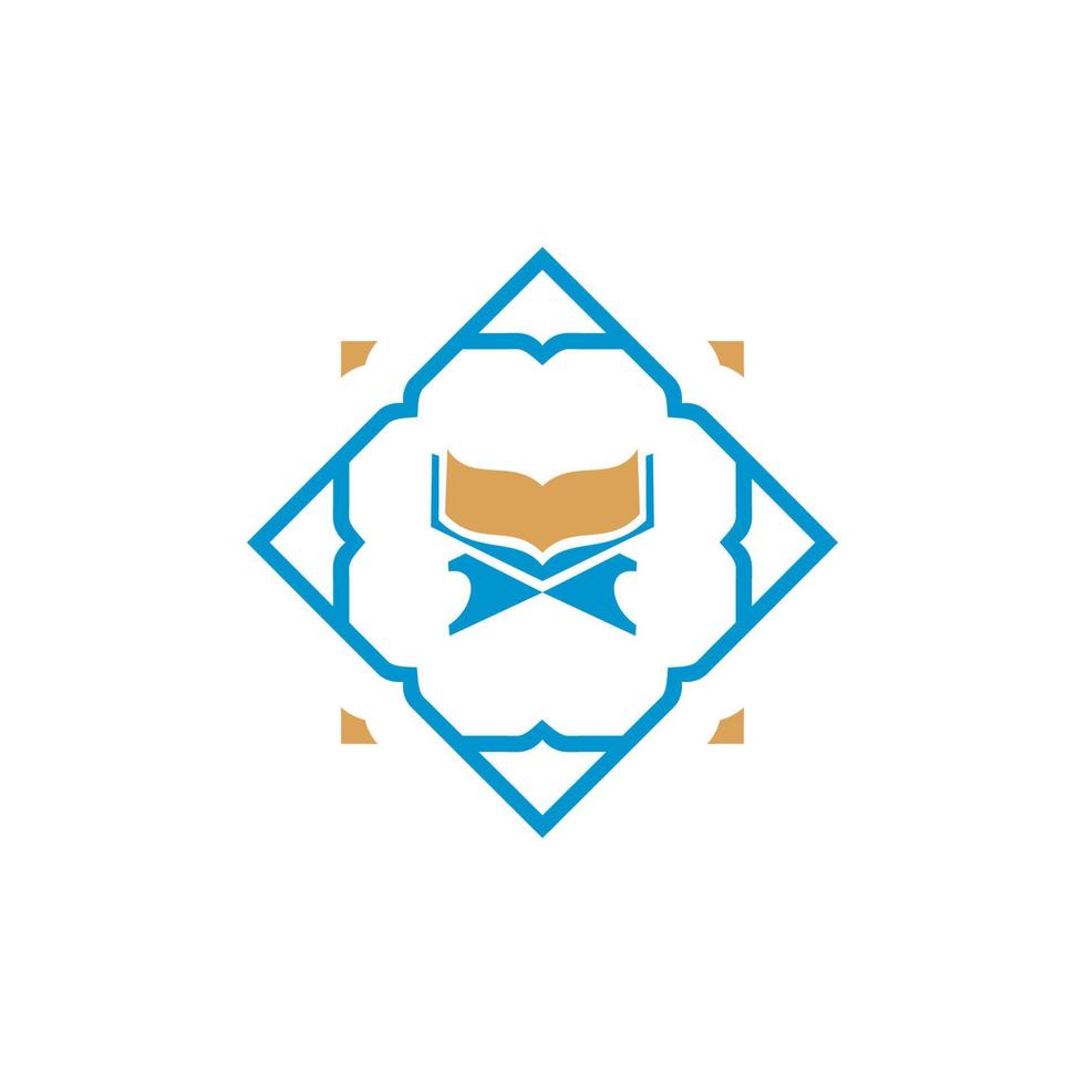 logotipo islámico en forma de rectángulo azul-dorado con el corán en el centro vector