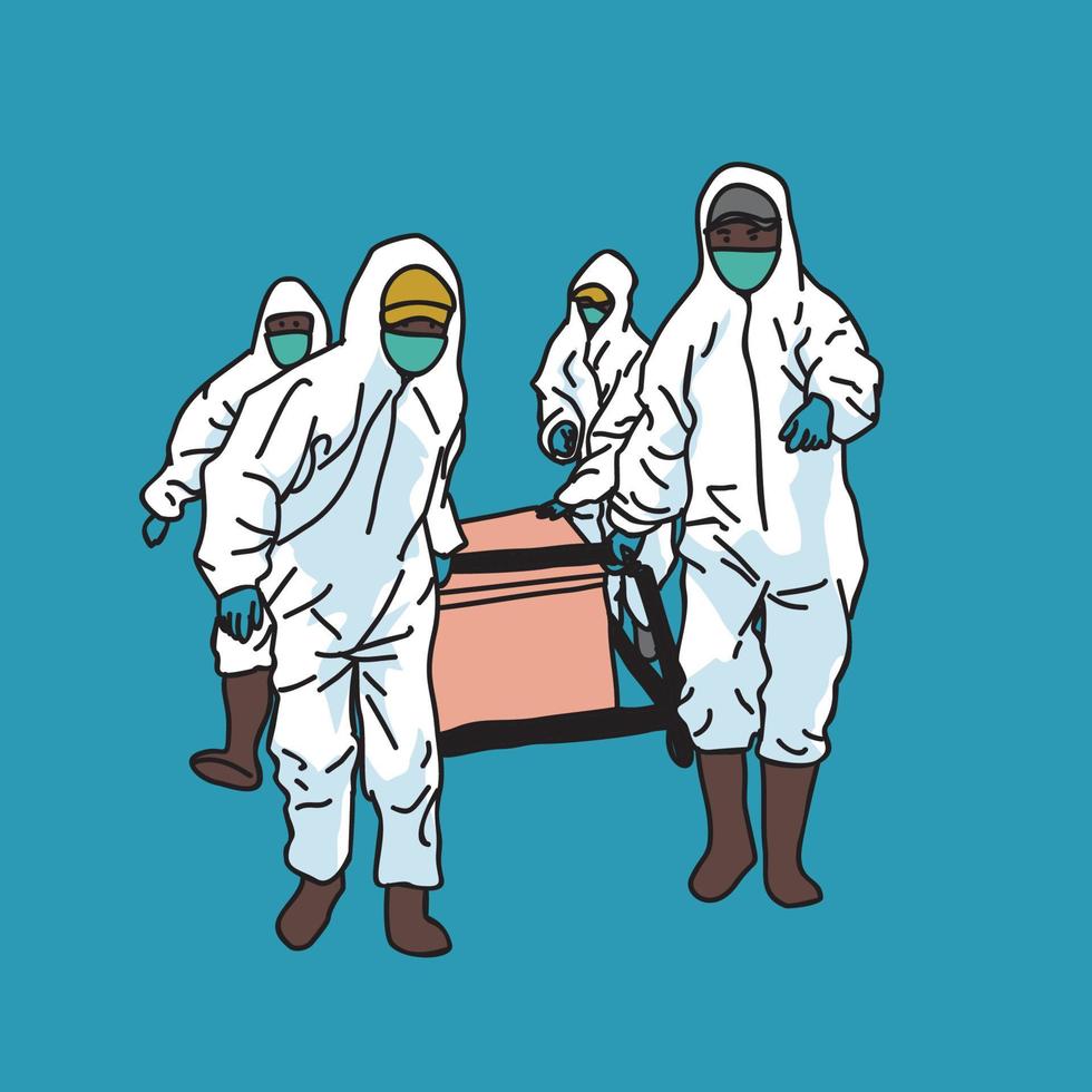 illustration of several health workers carrying coffins on a blue background vector