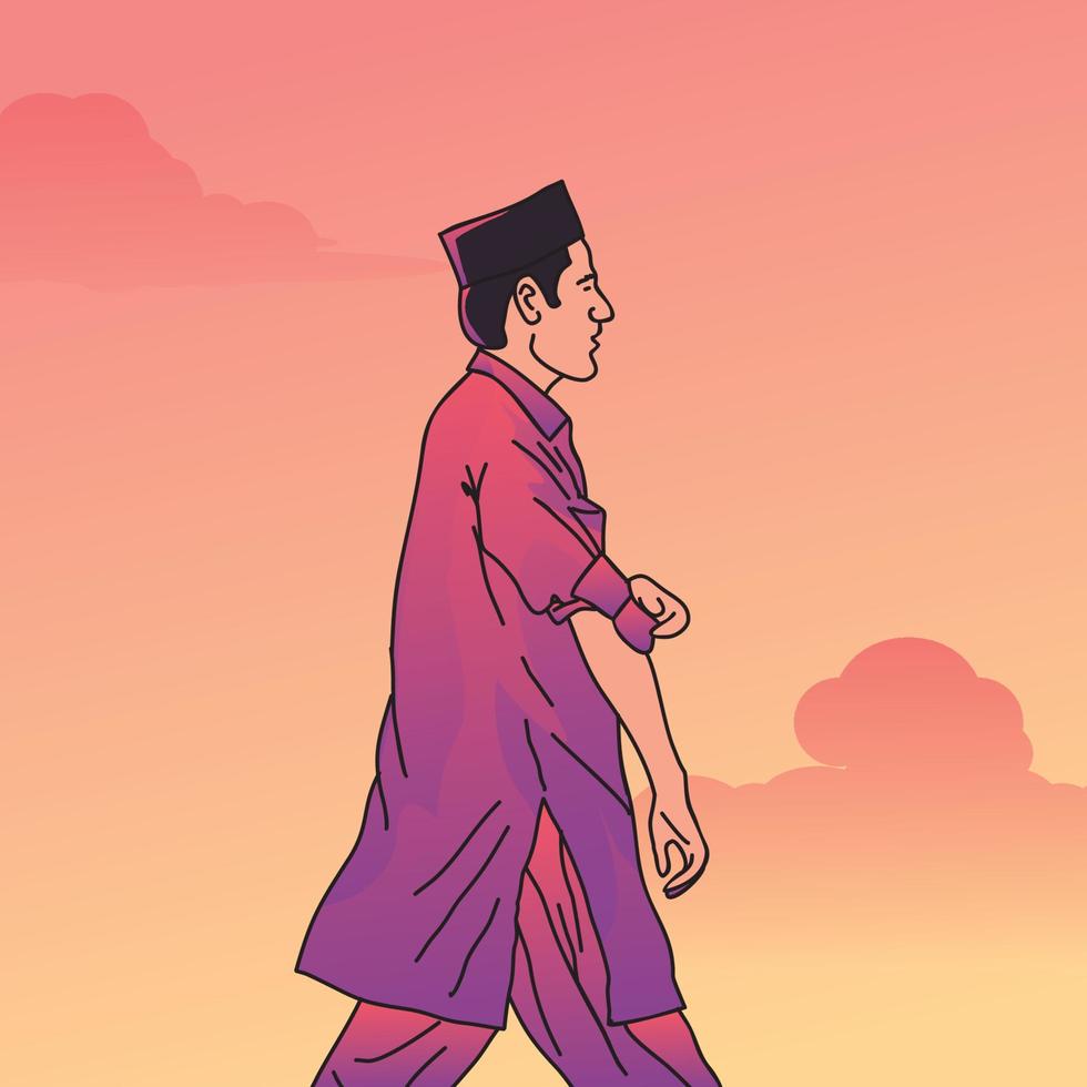 illustration of a Muslim man walking while rolling up his sleeves on a twilight background vector