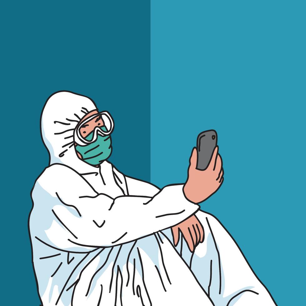 illustration of a health worker doing a video call with his family because he is busy and can't meet up vector