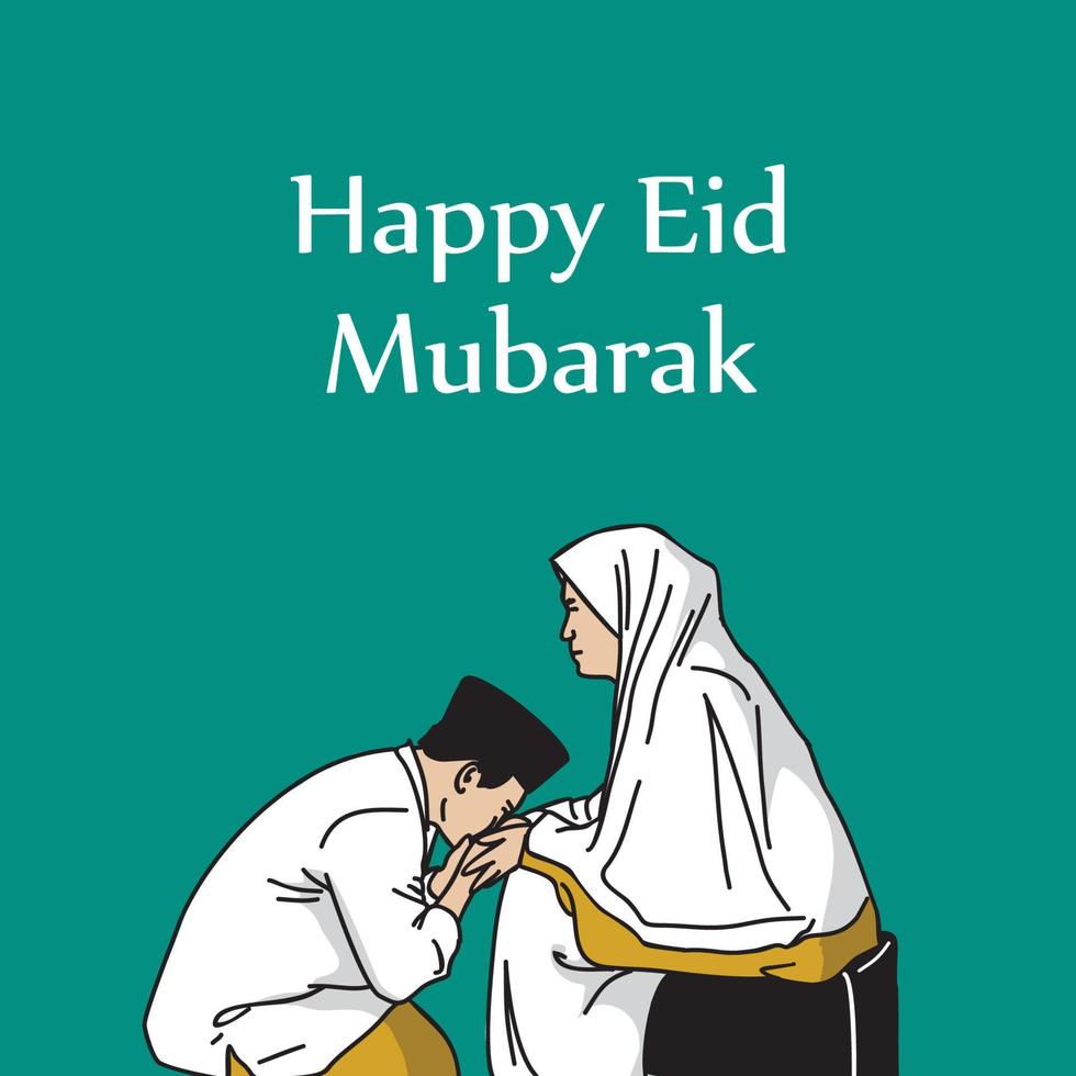 Happy Eid Mubarak greeting with an illustration of a person kissing his mother's hand, with a Tosca-colored flat background vector