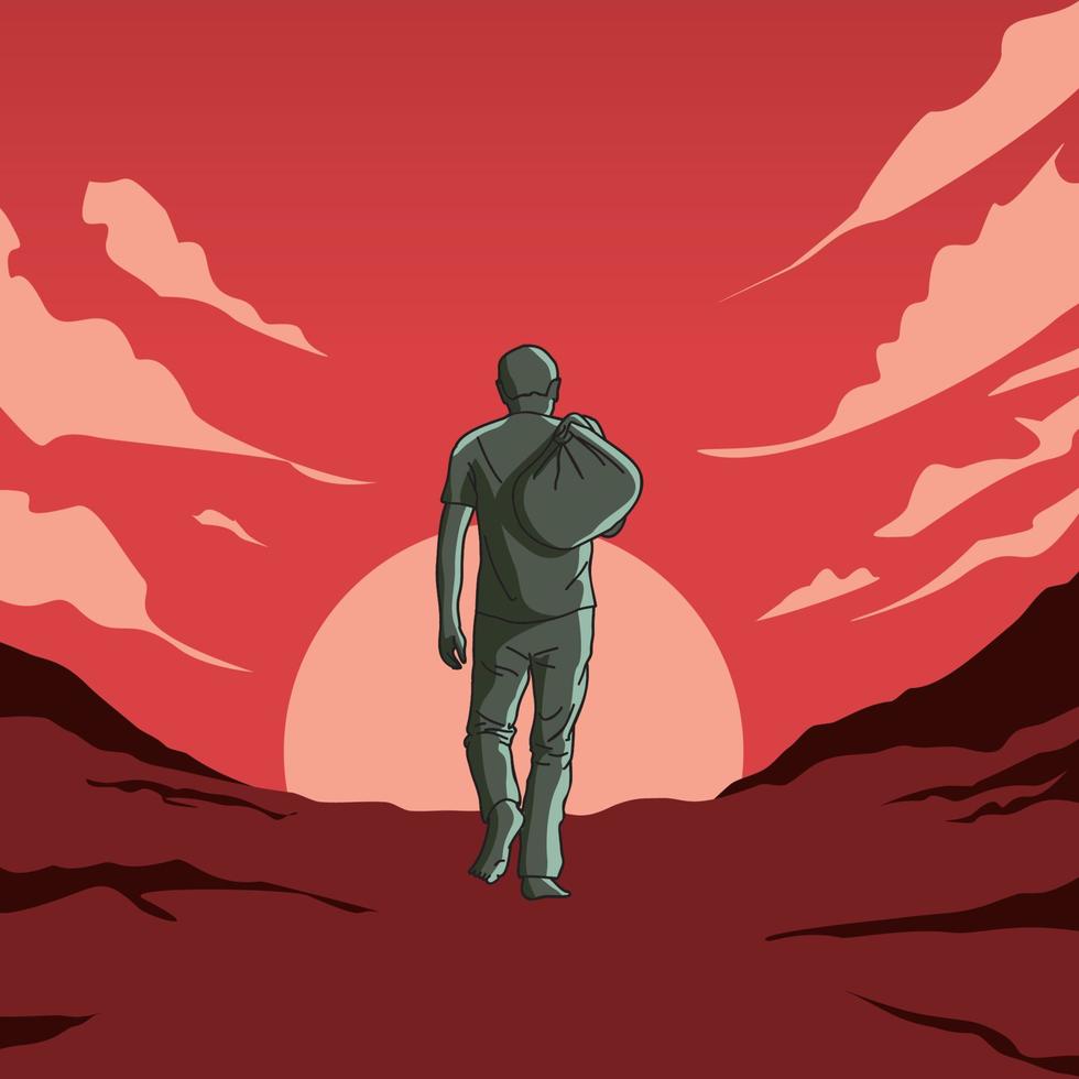 ilustración de un hombre sosteniendo un paquete de tela alejándose sobre un fondo crepuscular rojo vector