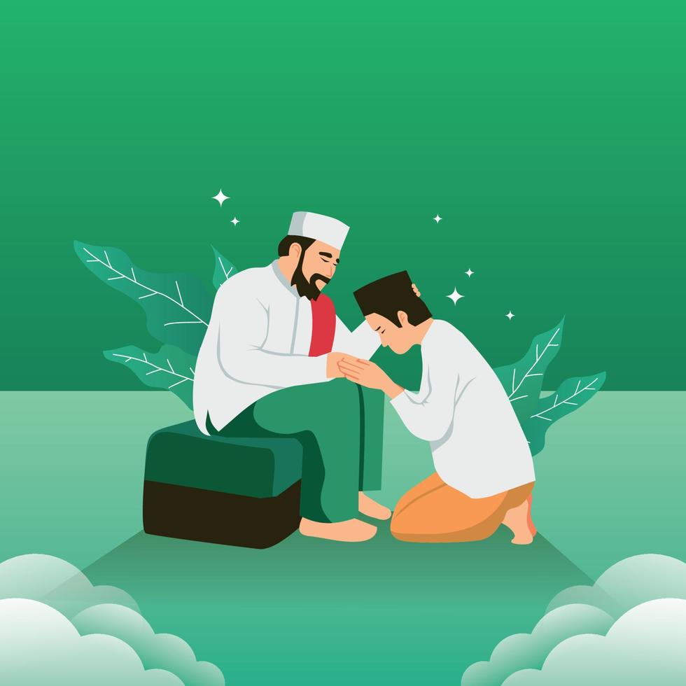 illustration of a young Muslim shaking hands and kissing the hand of an adult Muslim on the occasion of Eid ul-Fitr to show good manners with green background vector