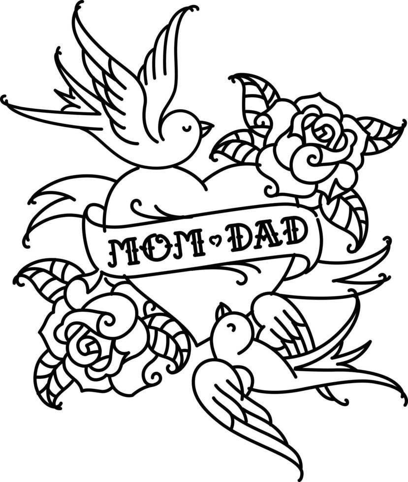 Tattoos with the inscription of Mom and Dad. Two hearts with a flower and a bird. Vector flat tattoo. Congratulation for parents with an anniversary. A tattoo for loving parents.