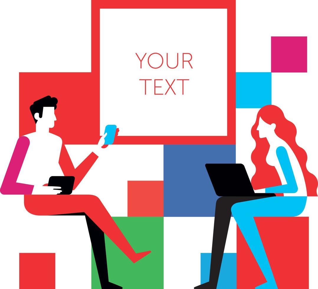 A man and a woman communicate at a meeting. Vector illustration, isolated on white background. A conversation between two people in social networks, with the help of gadgets and devices.