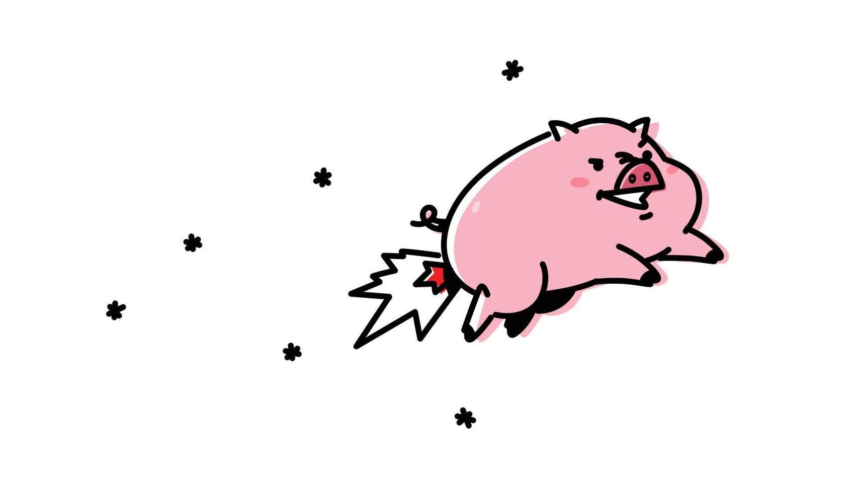 Illustration of a flying pig cartoon. Vector. Flat style. Cute pig, the mascot of the company. Pork rocket. Character for packaging and products. Fast food delivery. Cheerful pink animal in the sky. vector