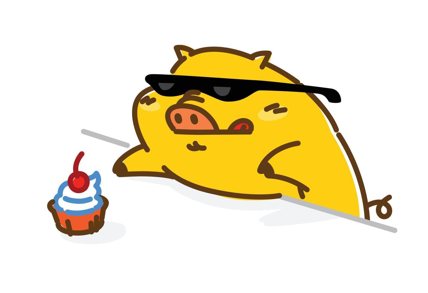 Illustration of a fat cute pig in sunglasses. Vector. Flat style. The pig is trying to steal the cake. Character for the candy store. Internet meme. vector