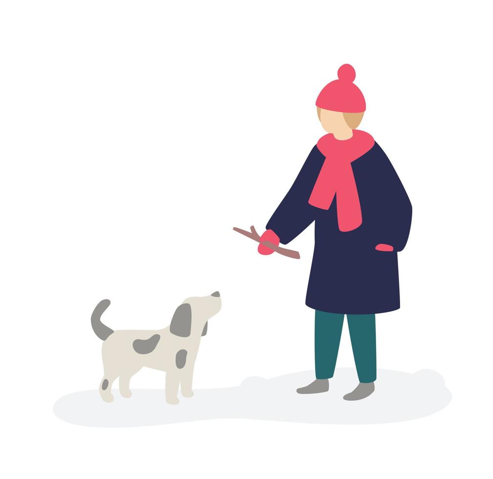 ilustración de una niña jugando con un perro. vector. una adolescente con abrigo pide un perro gris. dos amigos. estilo de dibujos animados plana. descansa con el mejor amigo de la naturaleza. paseos de invierno. vector