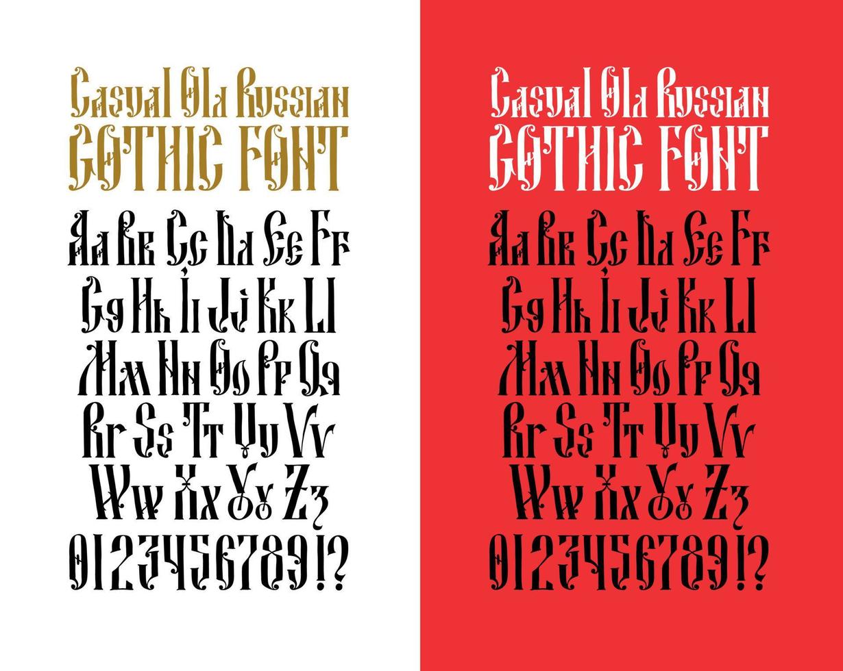 Complete alphabet of the Old Russian Gothic font. Vector. Latin letter. Neo-Russian style of the 17-19th century. English font. Stylized under the Greek or Byzantine high charter. Handwritten. vector