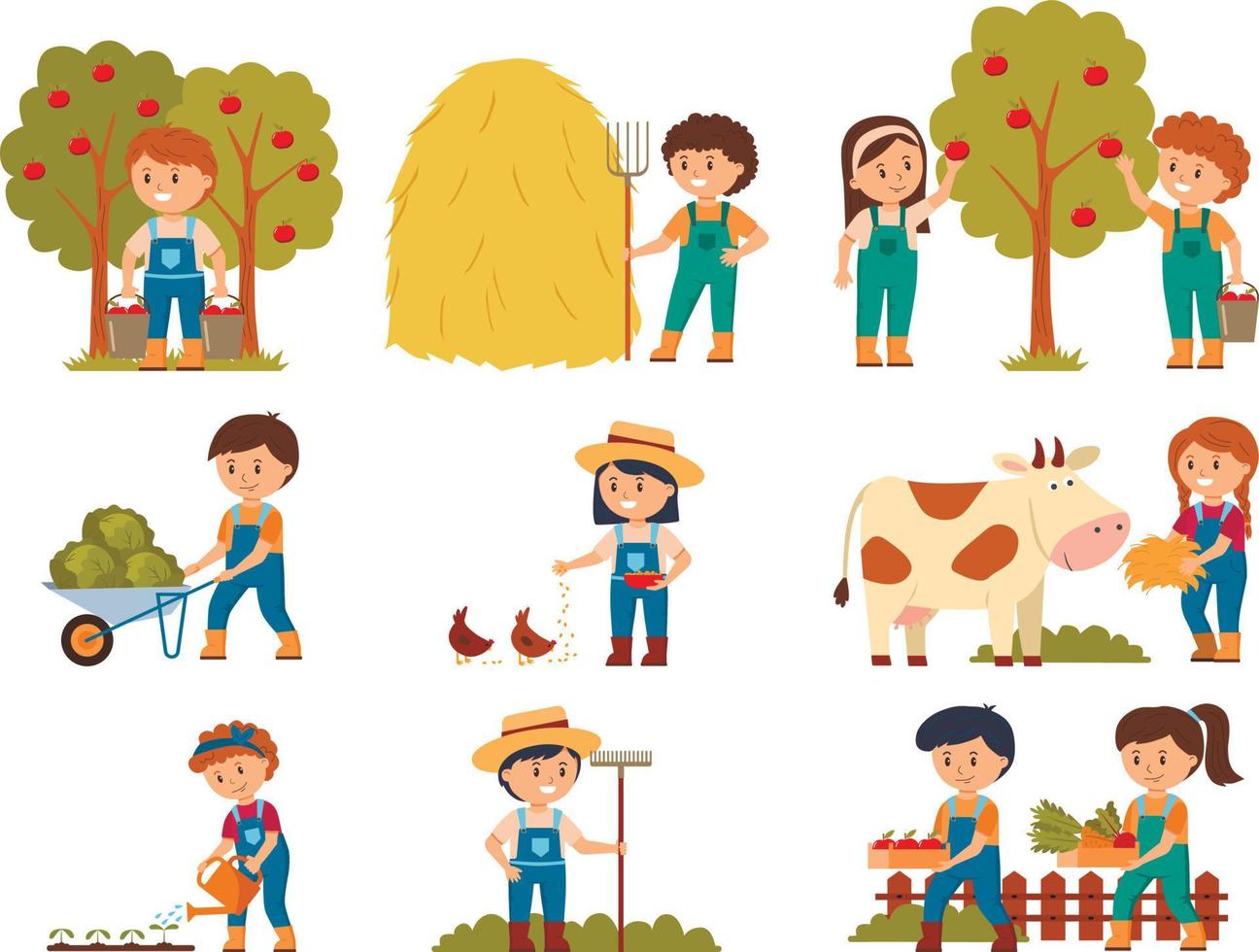 Young people at farm vector, farmers with cow, girl feeding chickens, boy and girl with apple basket, harvesting season. Set vector illustration.