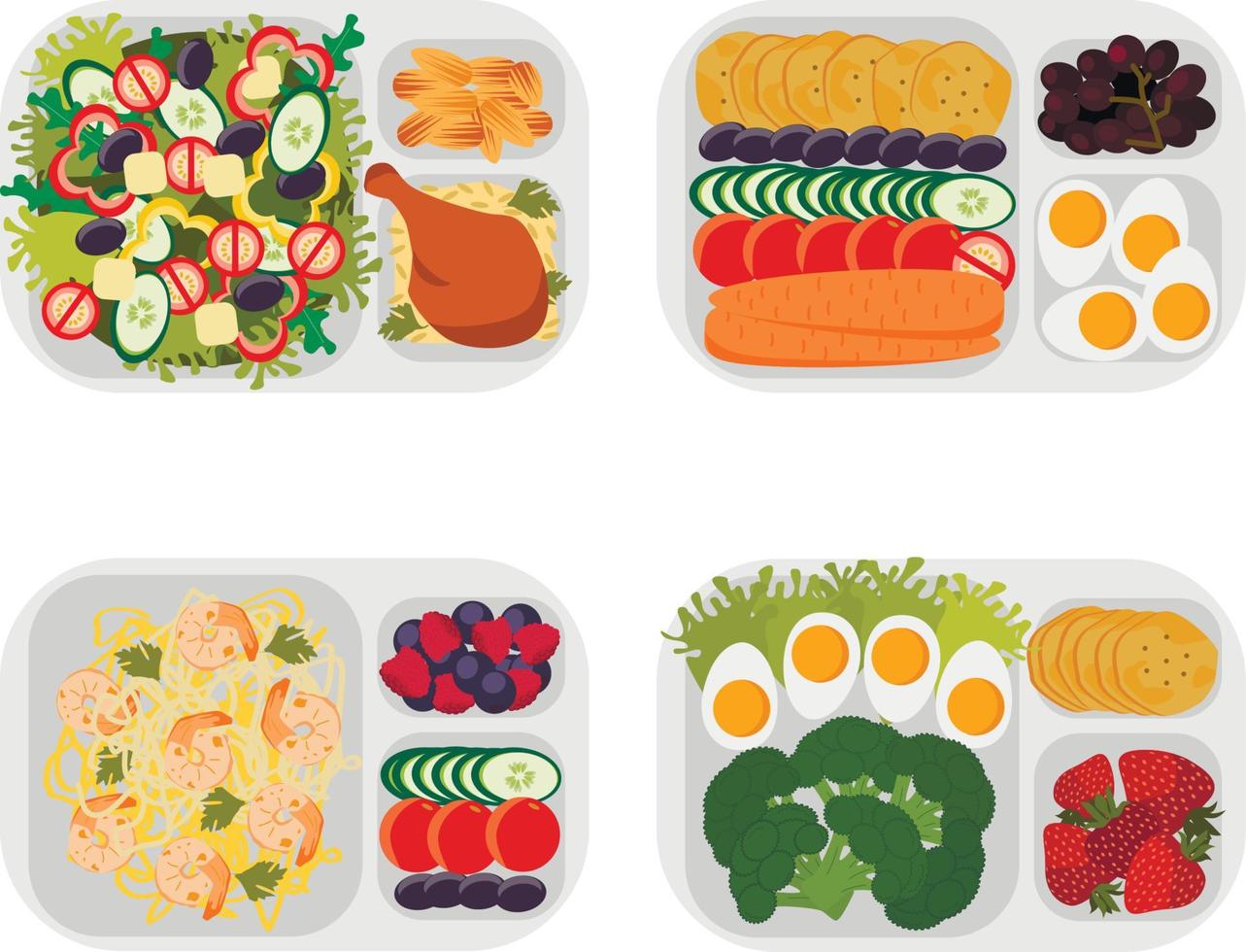 Set of lunchboxes with healthy food for a diet, for kids and students. Vector clipart isolated on white background.