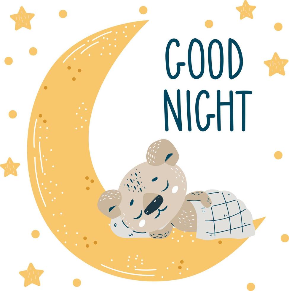 lindo osito durmiendo en la luna. buenas noches letras. ilustración  vectorial para tarjeta, afiche y pancarta. 7490851 Vector en Vecteezy
