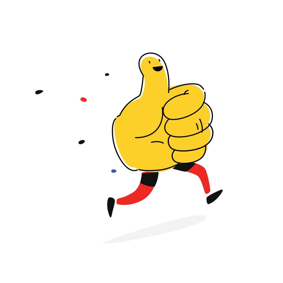 Illustration of like. Vector. Thumb up with legs. Cartoon flat style. Yellow character for company and logo. Fun positive icon. vector