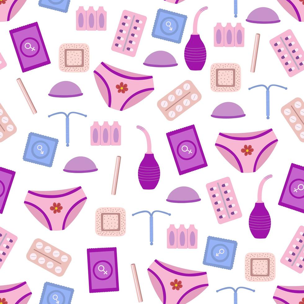 Contraception seamless pattern, condom, pills, iud, implant, diaphragm, vaginal douche, patch. Birth control methods. Set of elements for safe sex. Female and male contraceptive items. vector