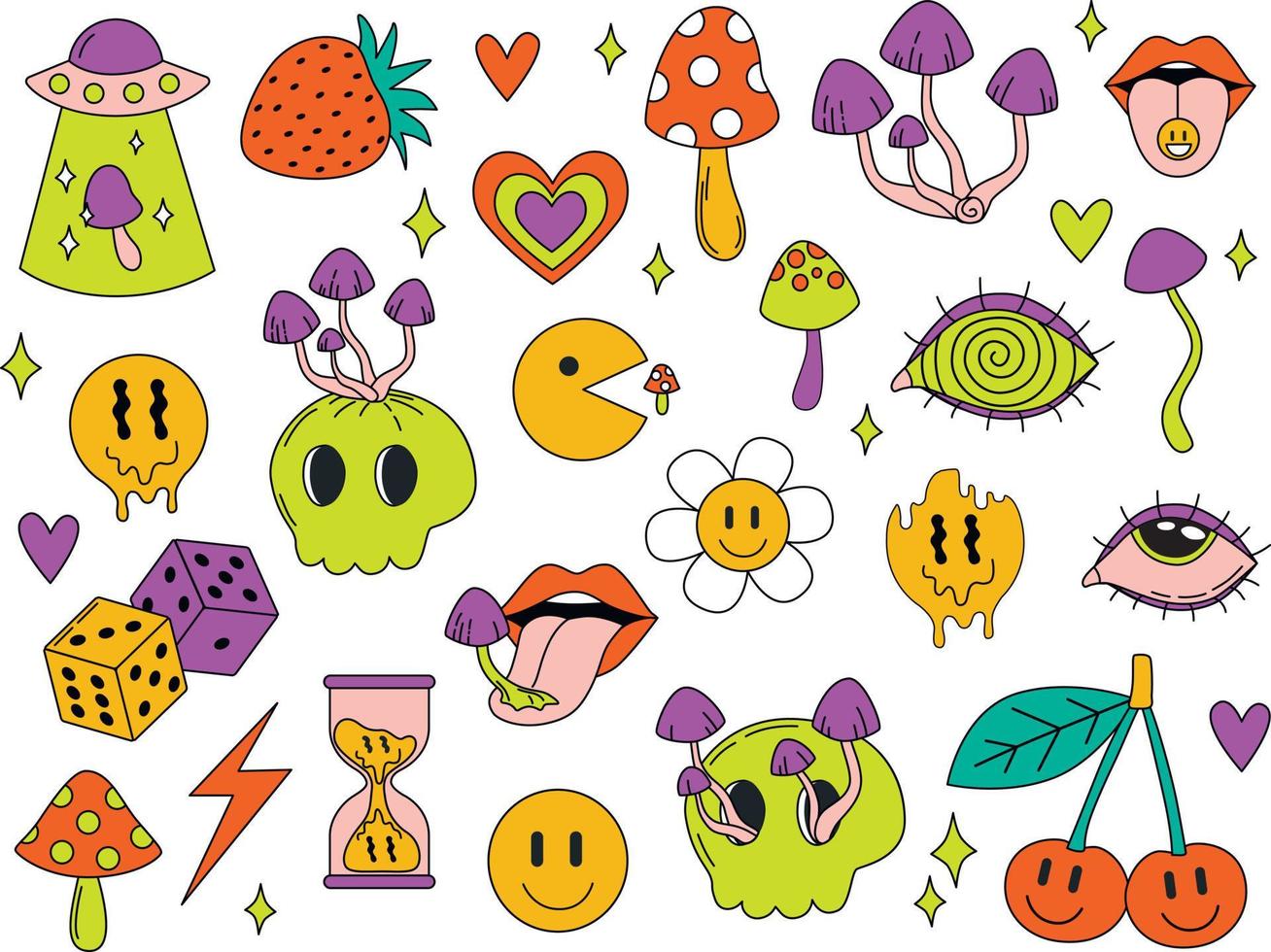 Psychedelic sticker. Cartoon abstract groovy comic funny emoji characters. Vector illustration set.