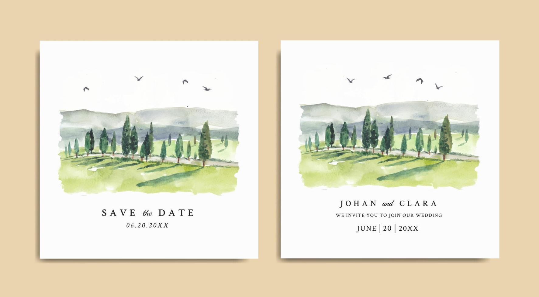 Watercolor wedding invitation with nature landscape vector