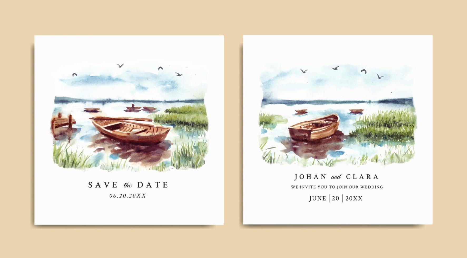 Wedding invitation of nature landscape with boat on lake watercolor vector