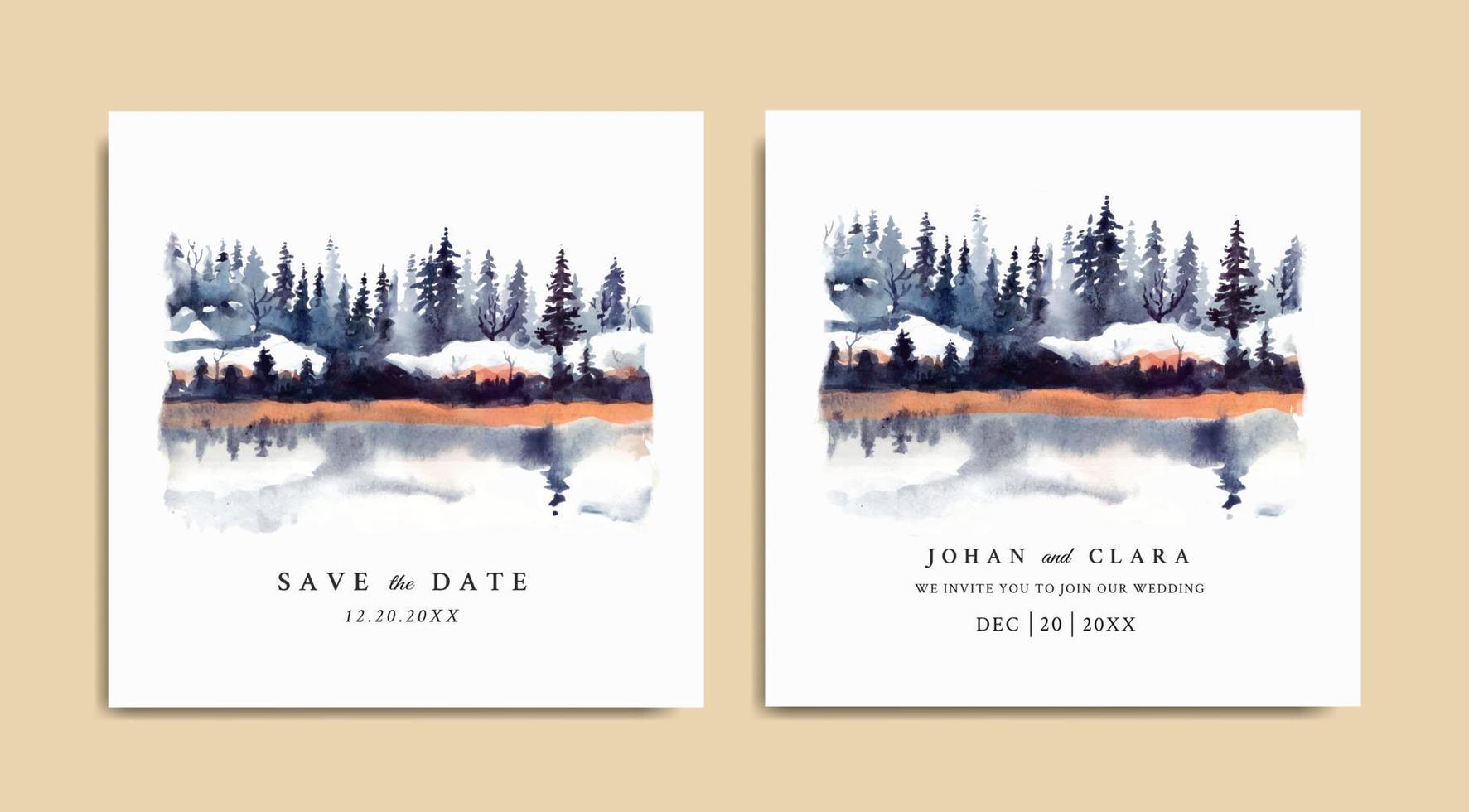 Wedding invitation of winter landscape with pine trees and snow watercolor vector