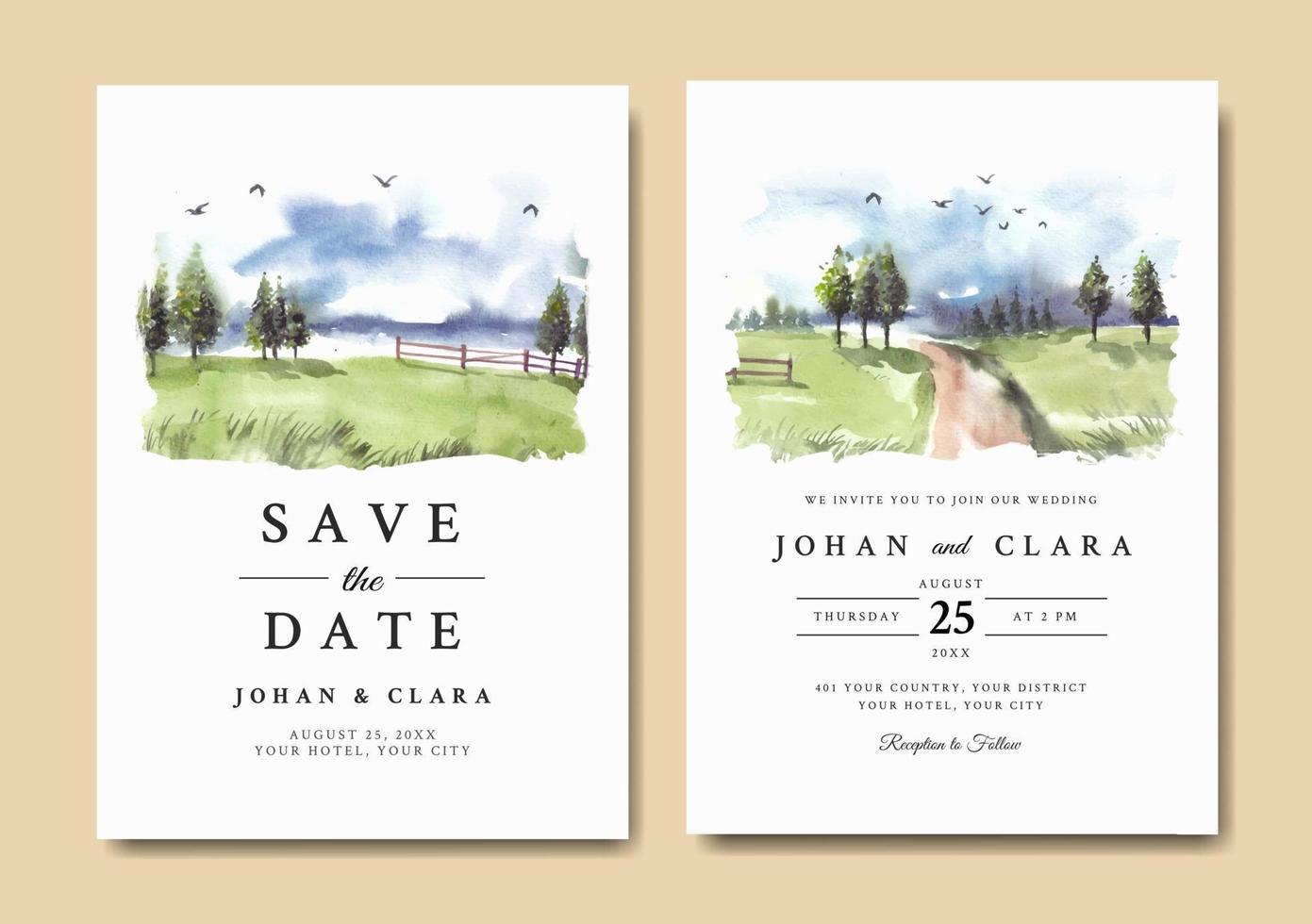 Wedding invitation of watercolor green nature landscape with garden fence and road vector