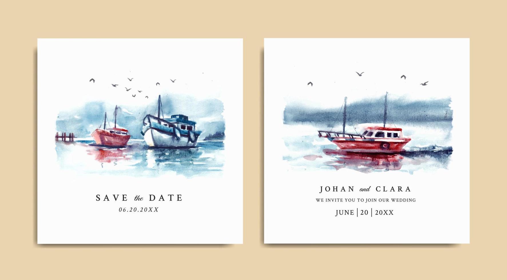Watercolor wedding invitation of nature landscape with boat on sea vector