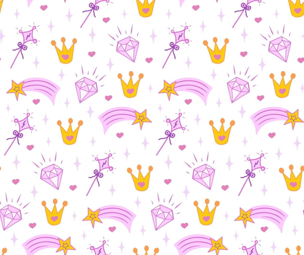 Crown. magic wand, diamond seamless pattern for little princess. Background for design, web site, textile, fabric, card and wrapping paper. Girl print. vector