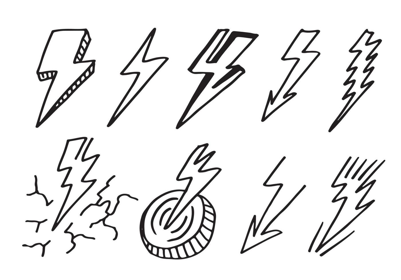 conjunto de ilustraciones de esbozo de símbolo de relámpago eléctrico de garabato vectorial dibujado a mano. icono de garabato de símbolo de trueno. vector