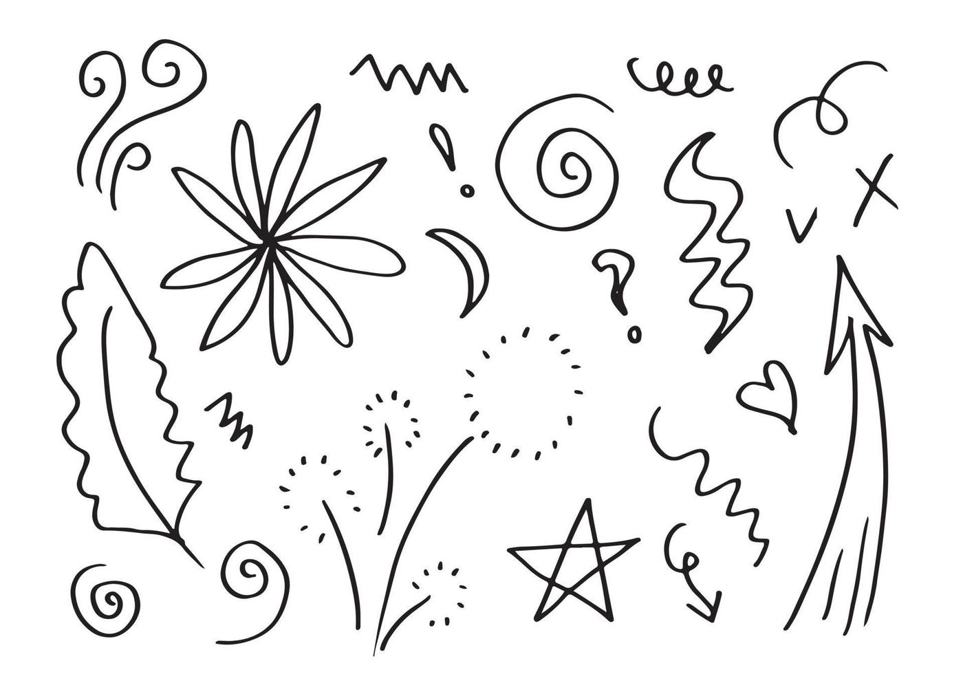 hand drawn set element,black on white background.arrow,leaves,star,heart,light,emphasis,swirl,for concept design. vector