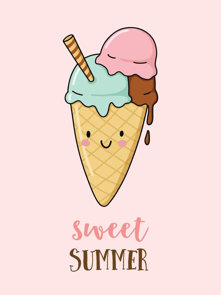 Cartoon cute ice cream cone character. Vector illustration for summer. Smiling ice cream dessert.