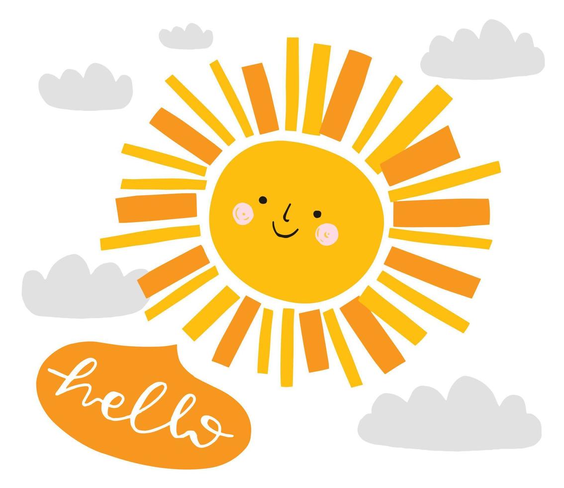 Cute sun with a speech bubble saying hello and gray clouds. Vector funny illustration. Whimsical nursery art. Summer smiling character.
